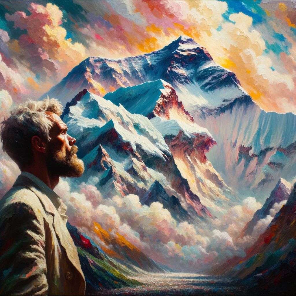 someone gazing at Mount Everest, painting, expressionism style